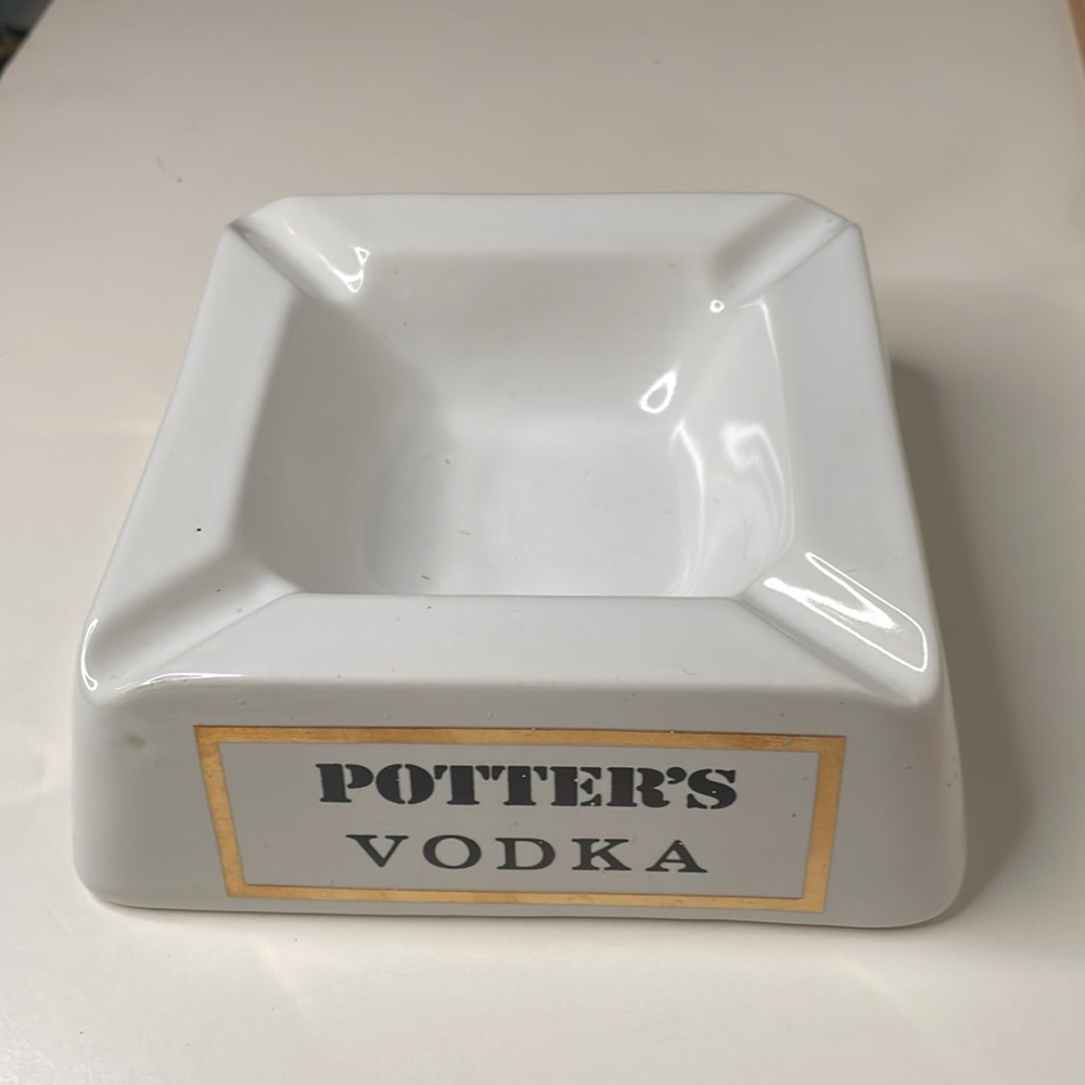Vintage 60’s Potter’s Canadian liquor, scotch, vodka ashtray, foil accents mcm